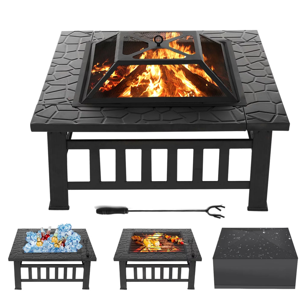32 inch Square Metal Fire Pit Table with Cover I662879