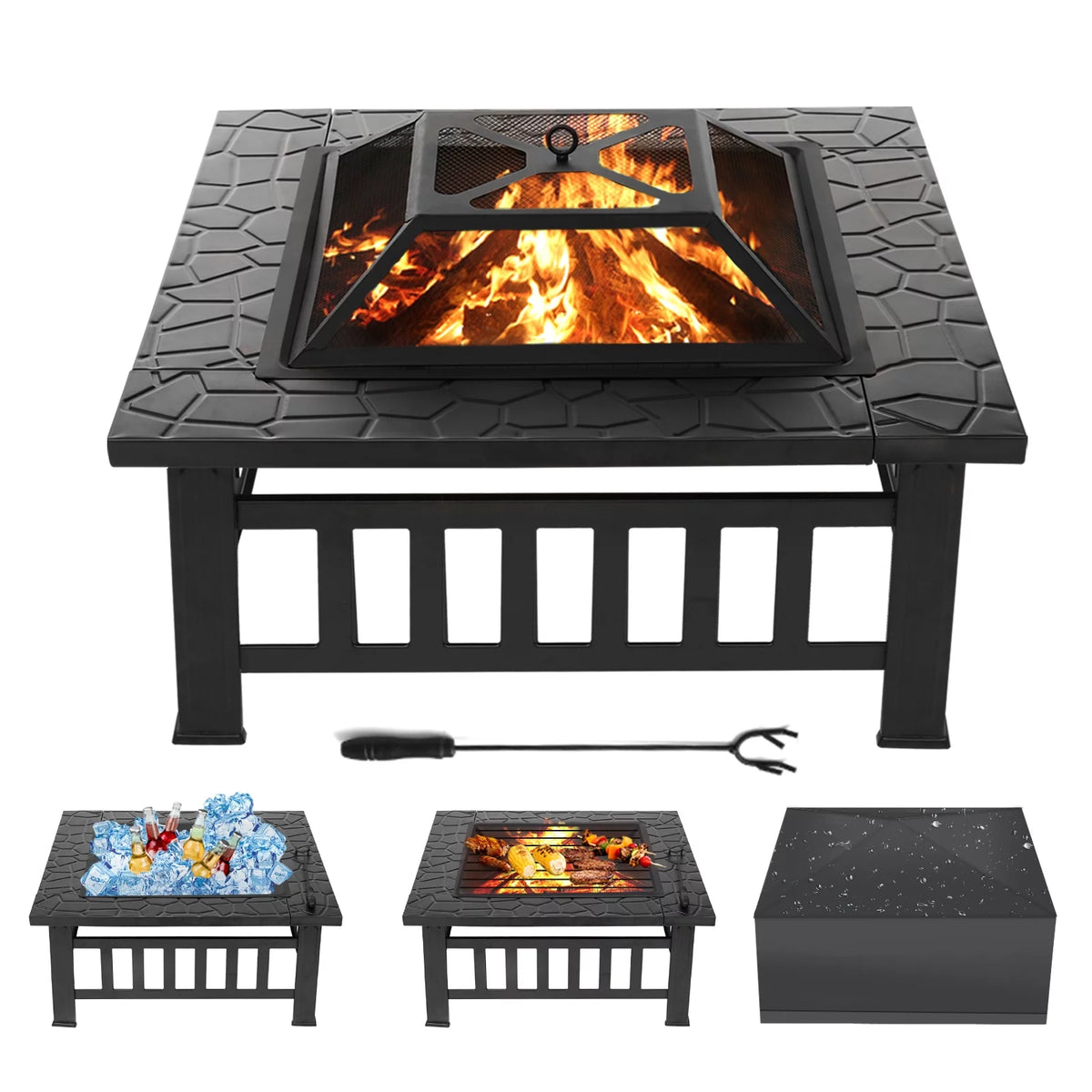 32 inch Square Metal Fire Pit Table with Cover I662879