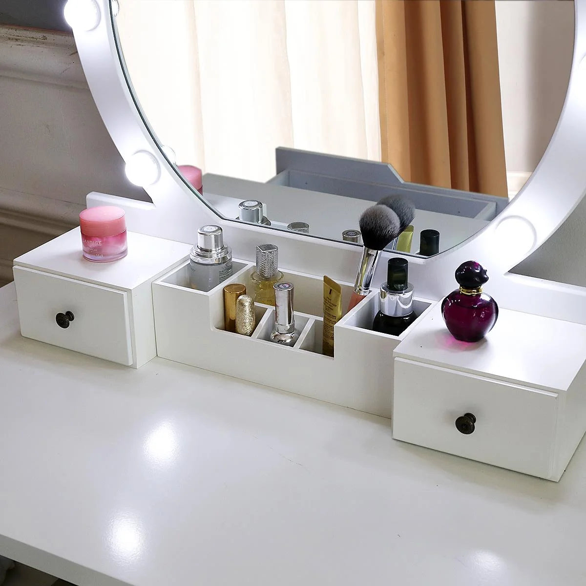 White Round Makeup Vanity Table with Lighted Mirror and Cushioned Stool S457601