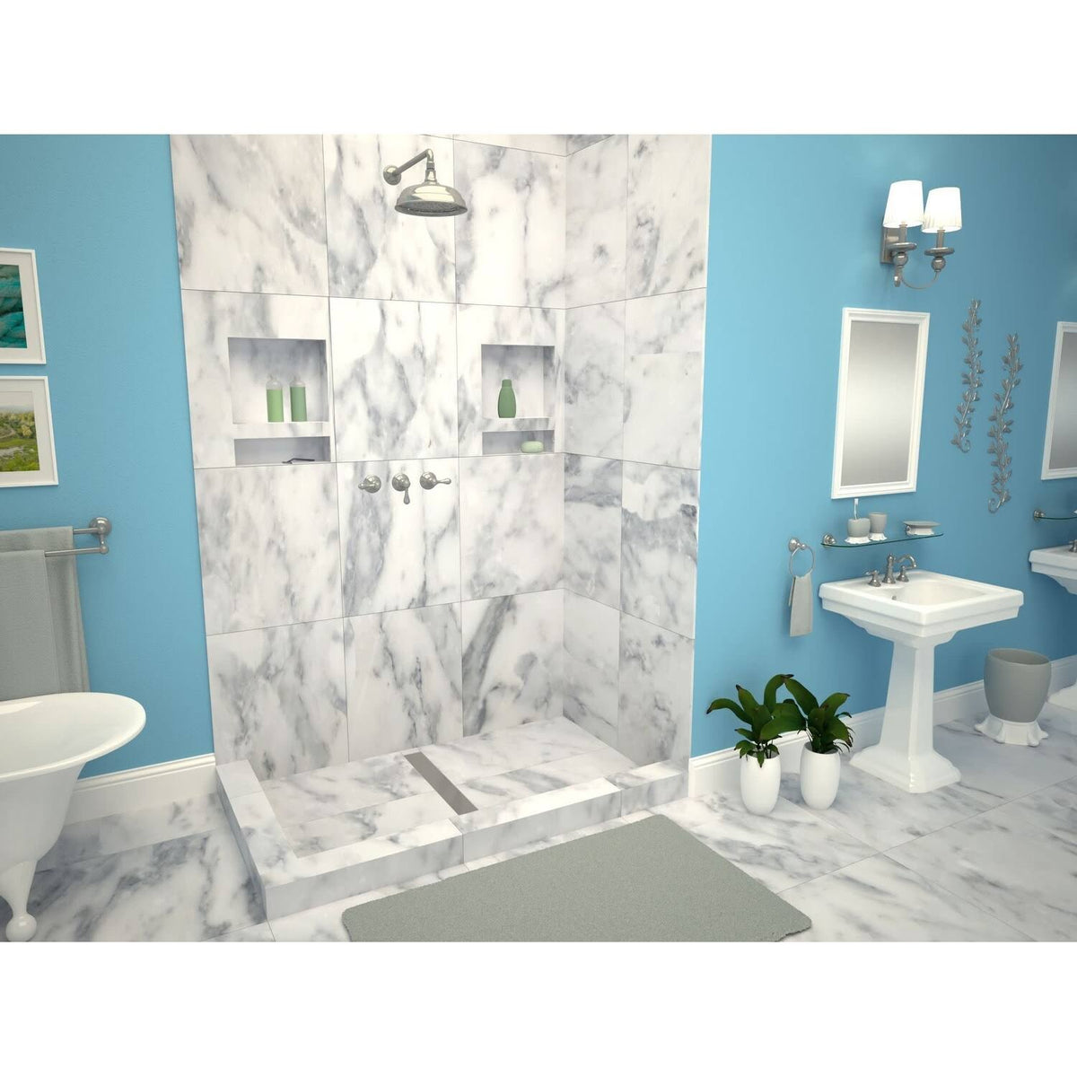 Double Curb Shower Pan with Center Trench Drain L304