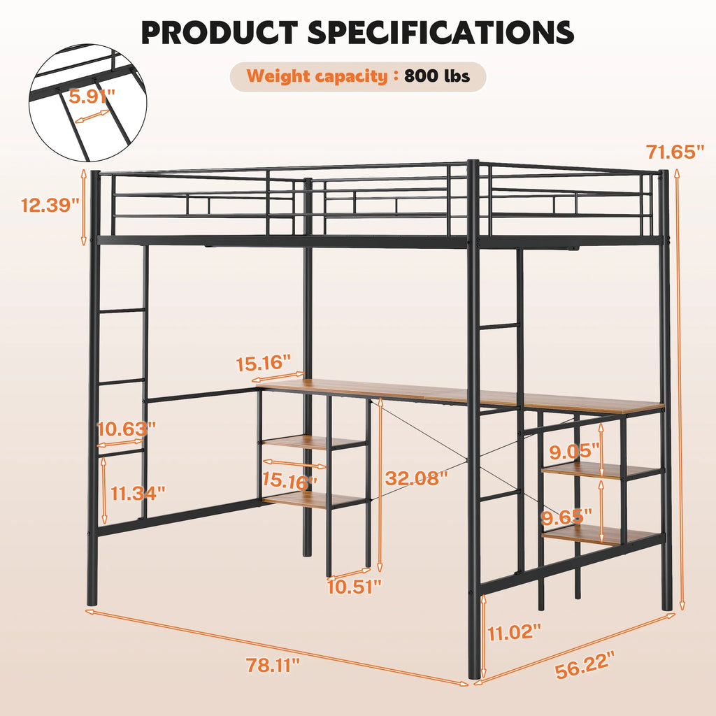 Black Twin Metal Loft Bed with Desk and 4 Shelves P586