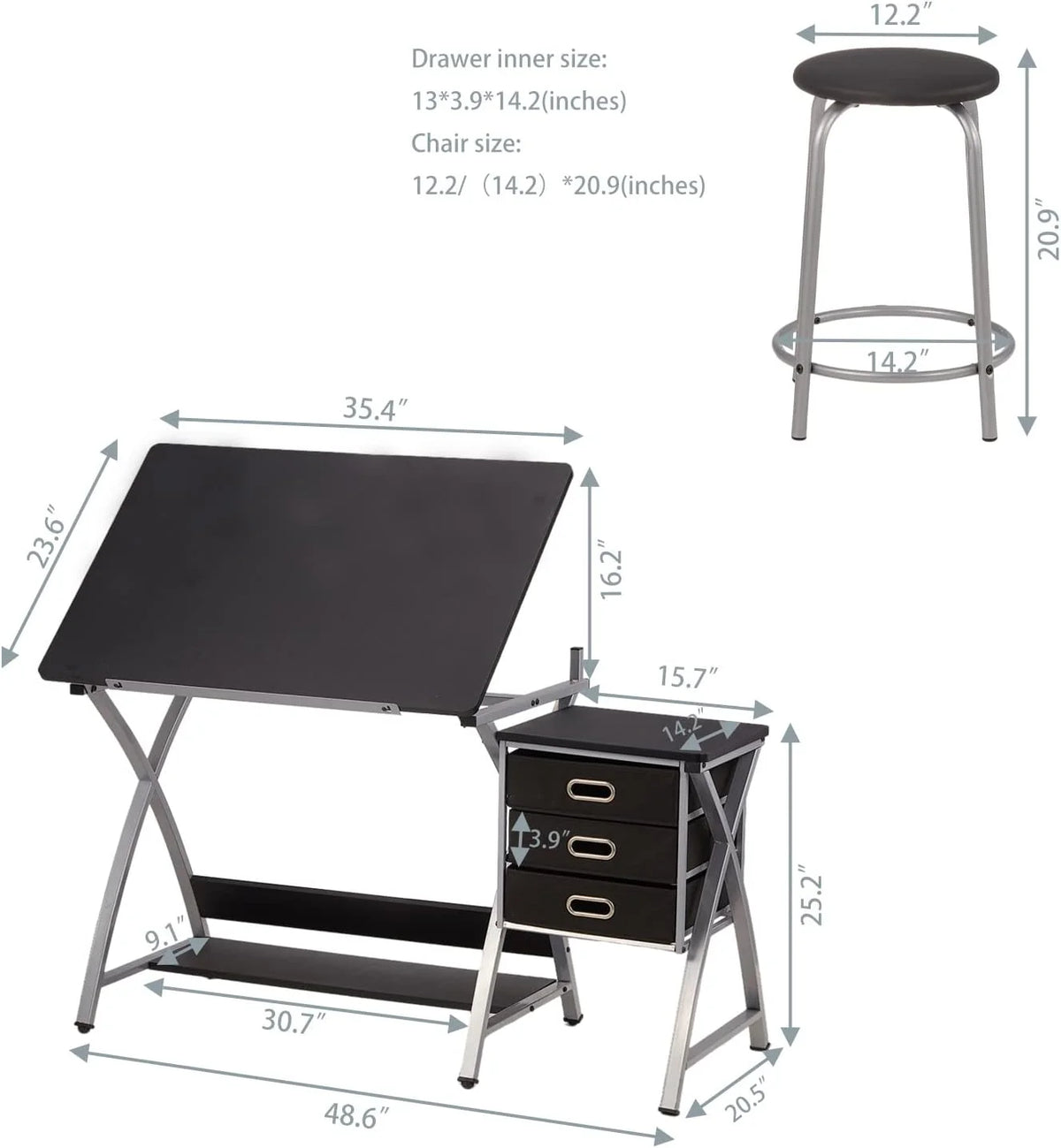 Adjustable Drafting Table with Stool and Storage Drawers, Black U1712