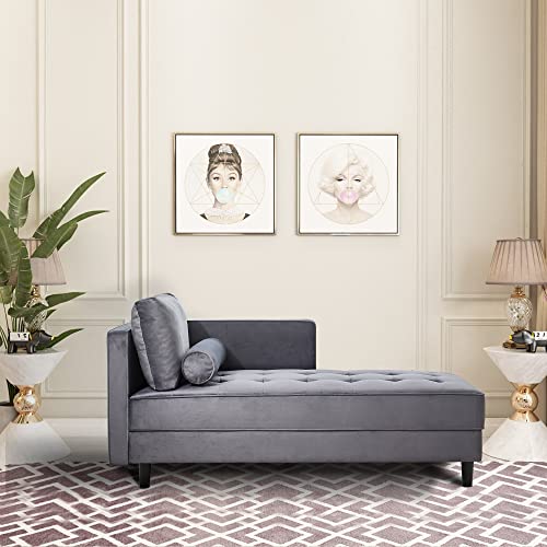 64" Upholstered Velvet Chaise Lounge with Left Armrest & Lumbar Pillow L356