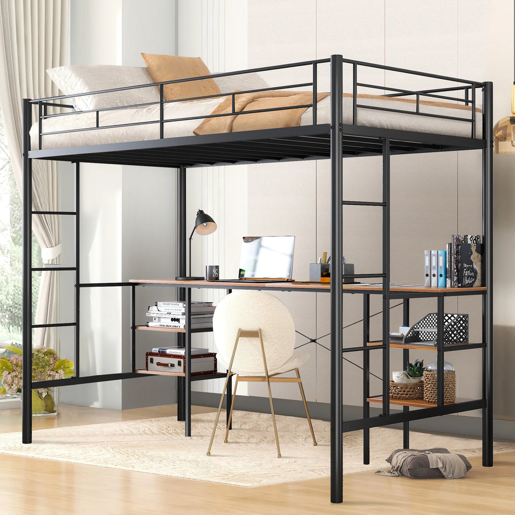 Black Twin Metal Loft Bed with Desk and 4 Shelves P586