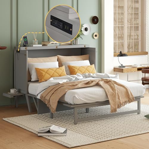 Queen Size Grey Murphy Bed with Charging Station and Drawers F67209