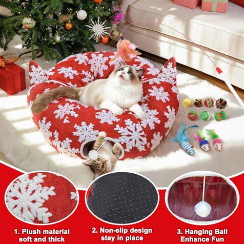 Red Snowflake Cat Tunnel with Washable Mat & 11Pcs Cat Toys H155