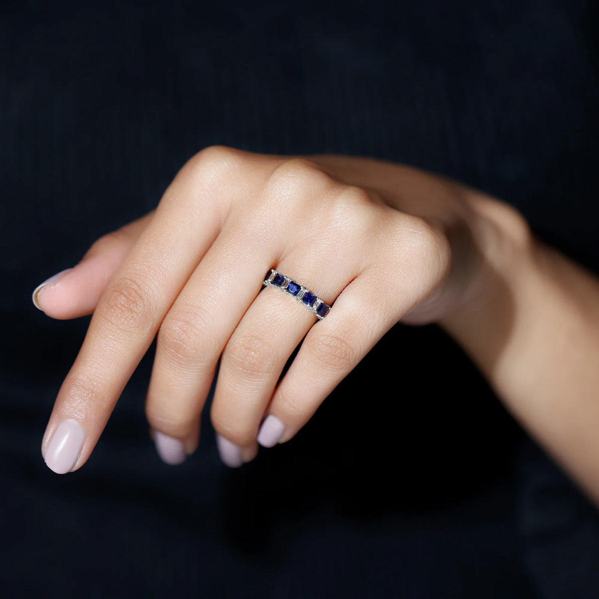 Lab Created Blue Sapphire Half Eternity Ring with Diamond - 2 CT, 14K White Gold, US 6.00 I374