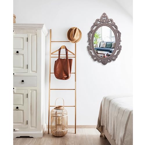 Oval Wooden Hanging Mirror Grey Carved Frame Wall Mirror 24"x16" D3189