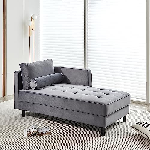 64" Upholstered Velvet Chaise Lounge with Left Armrest & Lumbar Pillow L356