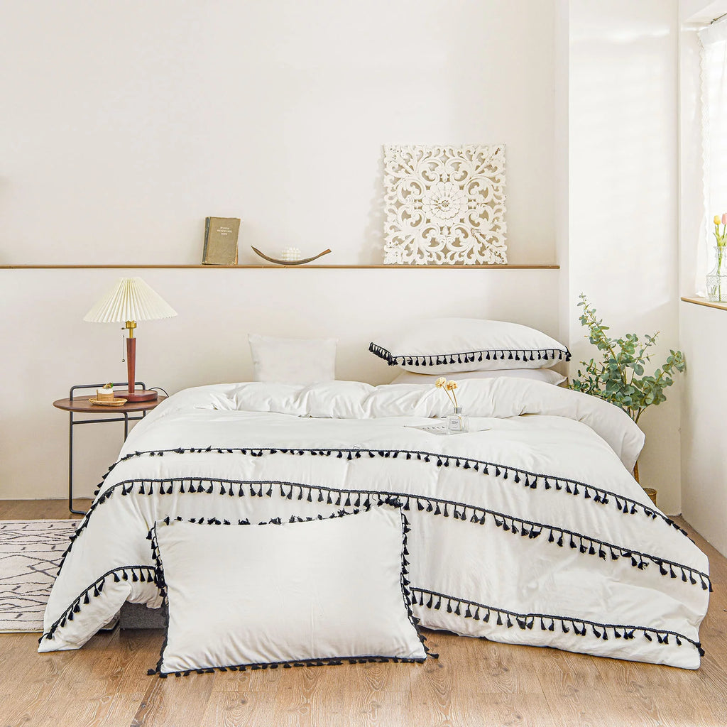 White Black Tassel King Duvet Cover Set Y3165