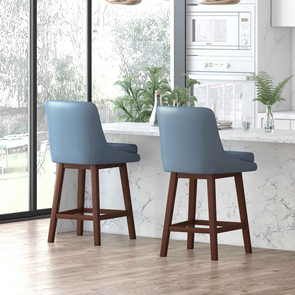 Blue 26" H Swivel Bar Stools Set of 2 with Back, Solid Wood Legs Q2079