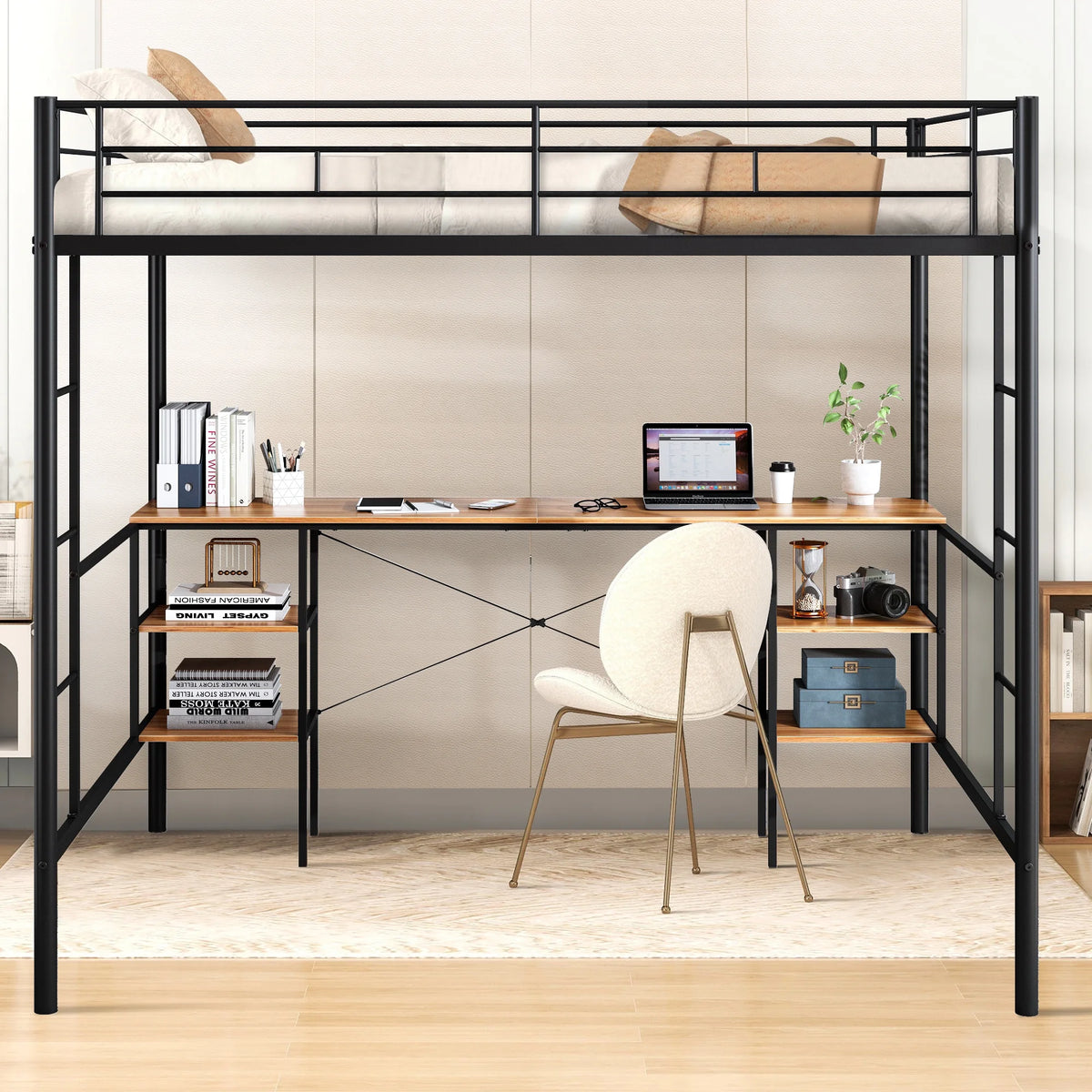 Black Twin Metal Loft Bed with Desk and 4 Shelves P586
