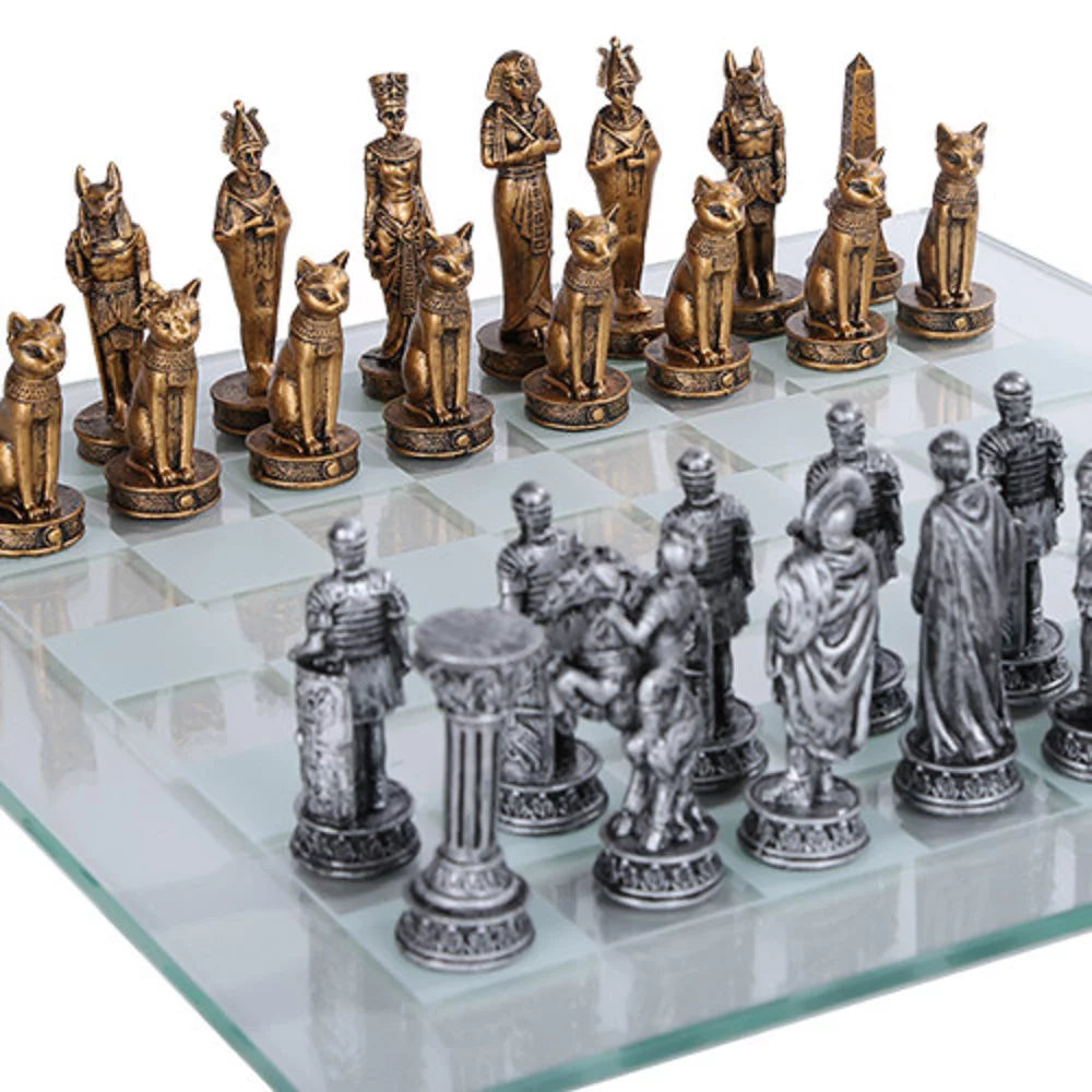 Egyptian vs Roman Chess Set with Glass Board E610