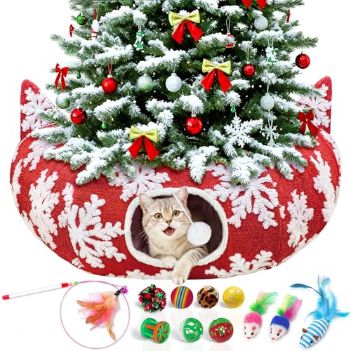 Red Snowflake Cat Tunnel with Washable Mat & 11Pcs Cat Toys H155