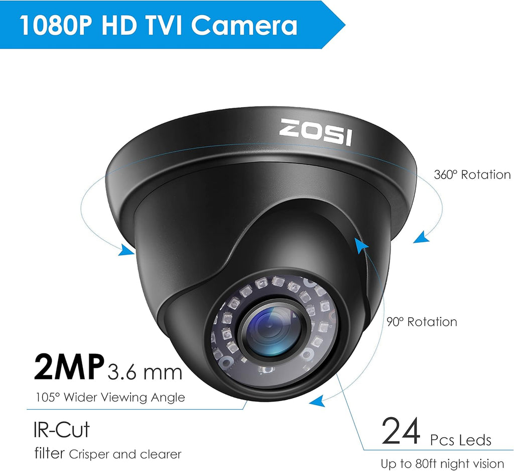 4 Pack 2MP 1080p HD-TVI Black Dome Security Camera with 80ft Night Vision T482