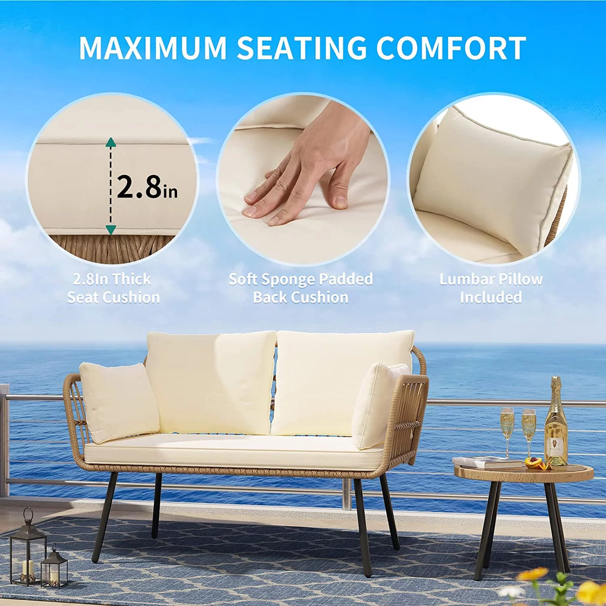 Wicker Loveseat Sofa with Beige Cushions D1080