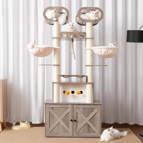 76.8-inch Wooden Cat Tree with Litter Box Enclosure and Scratching Post M619