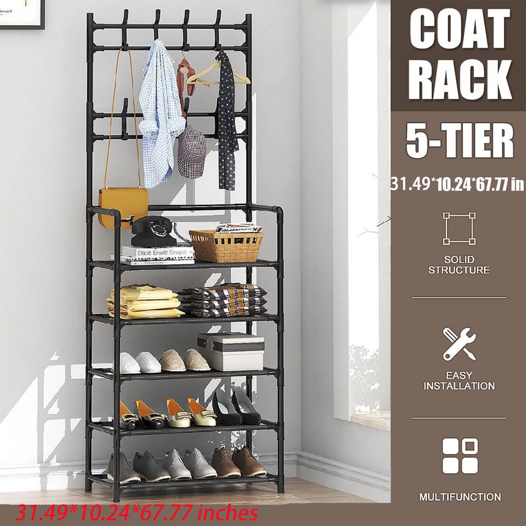 Coat Rack Stand with 5 Shelves Storage Black A1718