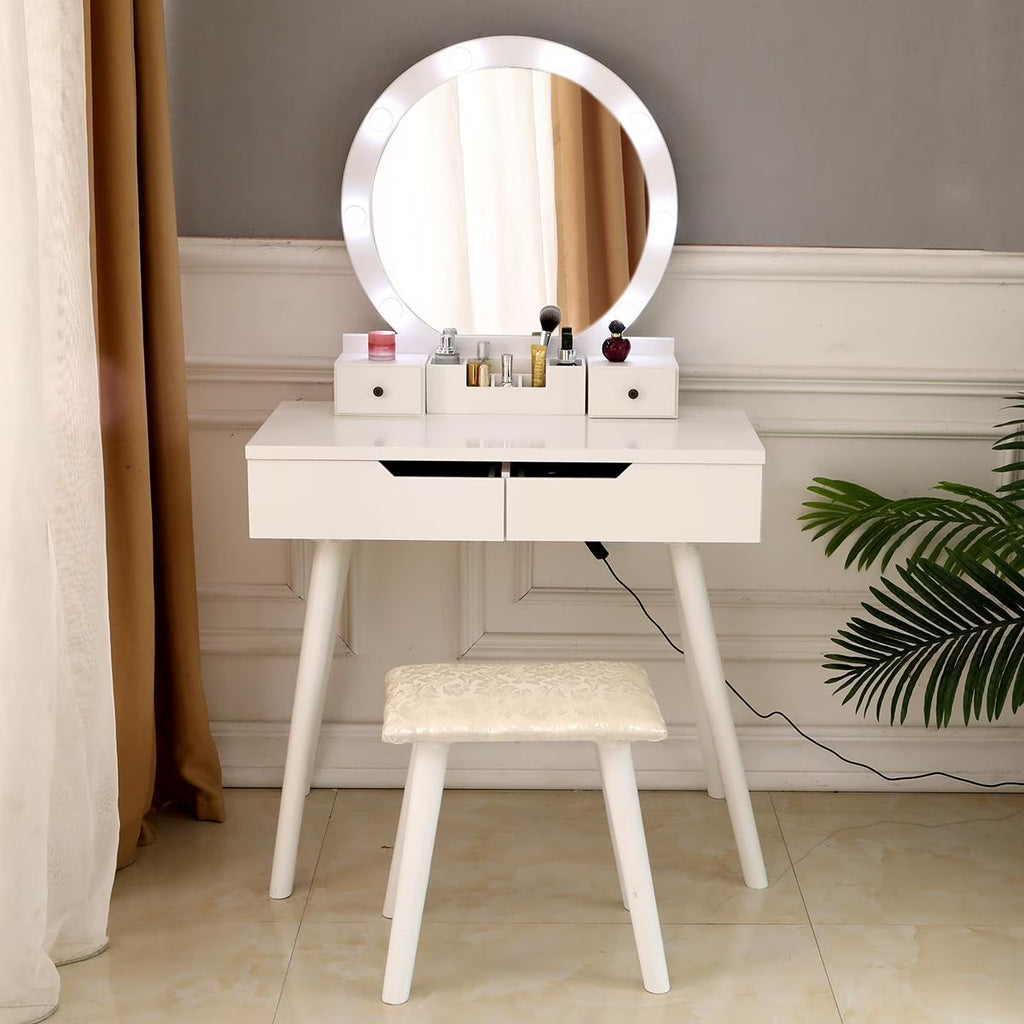 White Round Makeup Vanity Table with Lighted Mirror and Cushioned Stool S457601