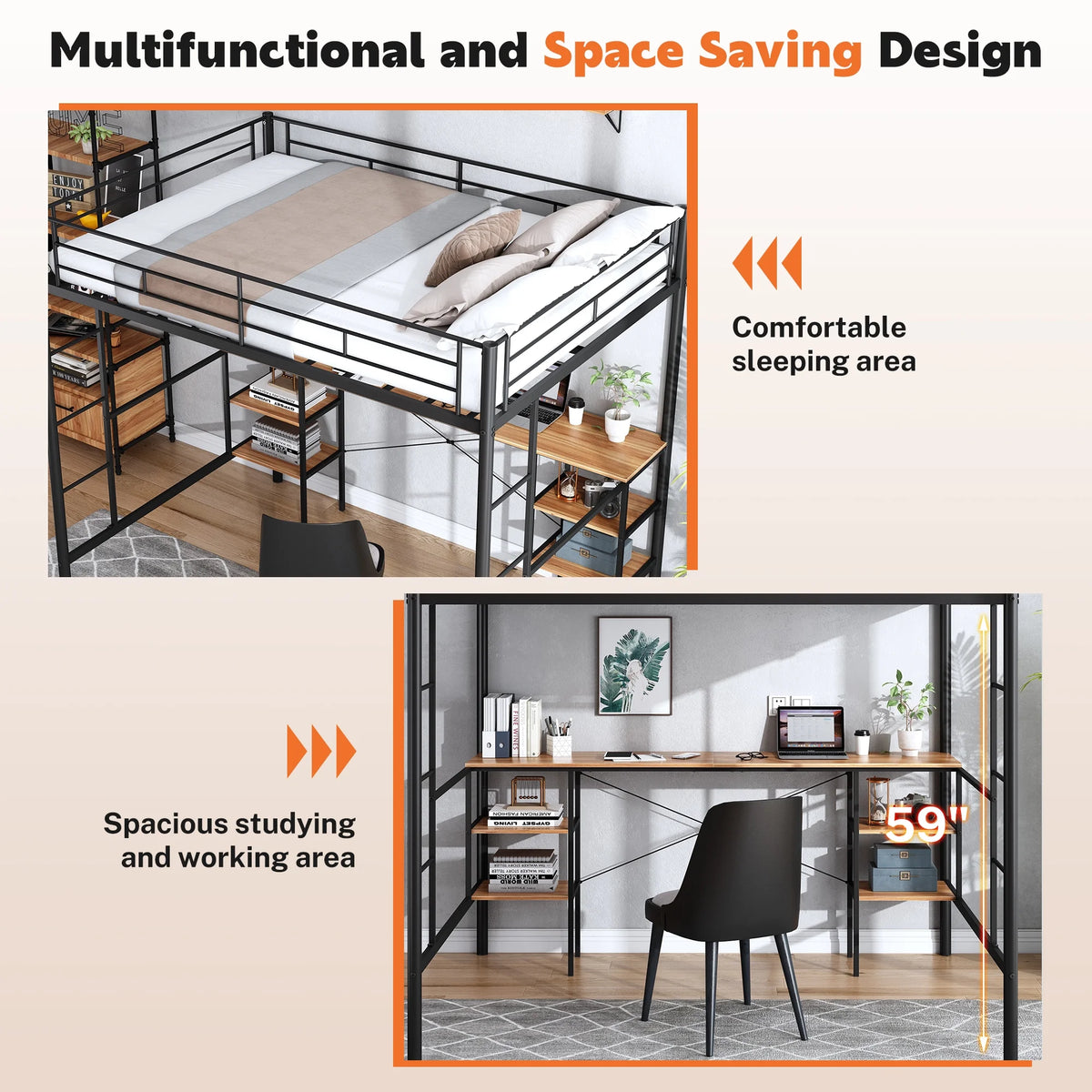 Black Twin Metal Loft Bed with Desk and 4 Shelves P586