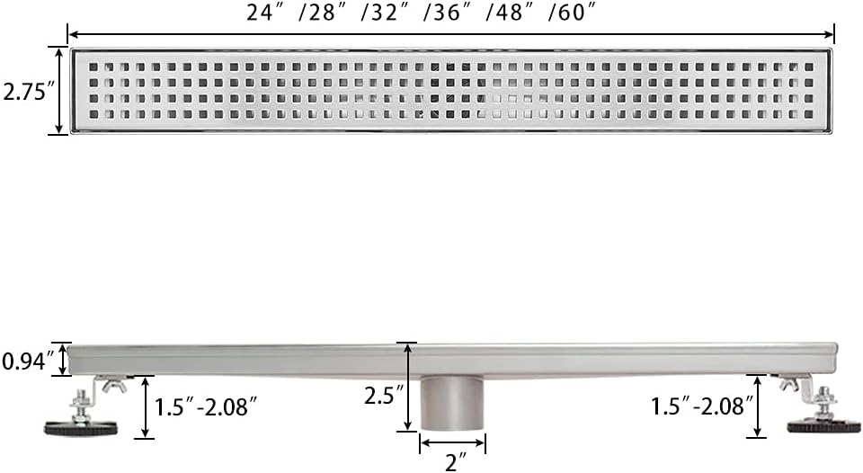Brushed 304 Stainless Steel 12 inch Linear Shower Drain with Removable Grid Panel E741686
