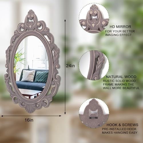 Oval Wooden Hanging Mirror Grey Carved Frame Wall Mirror 24"x16" D3189