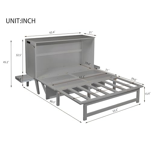 Queen Size Grey Murphy Bed with Charging Station and Drawers F67209