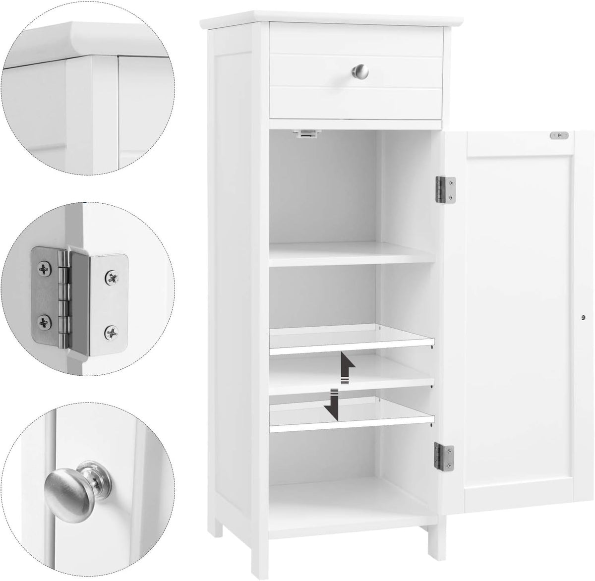 White Wooden Bathroom Floor Cabinet with Drawer and Adjustable Shelf T314