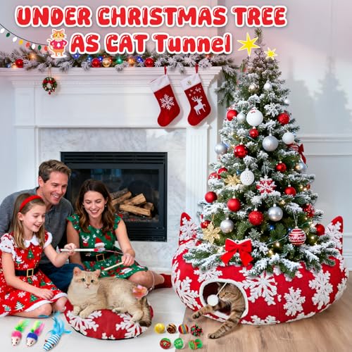 Red Snowflake Cat Tunnel with Washable Mat & 11Pcs Cat Toys H155
