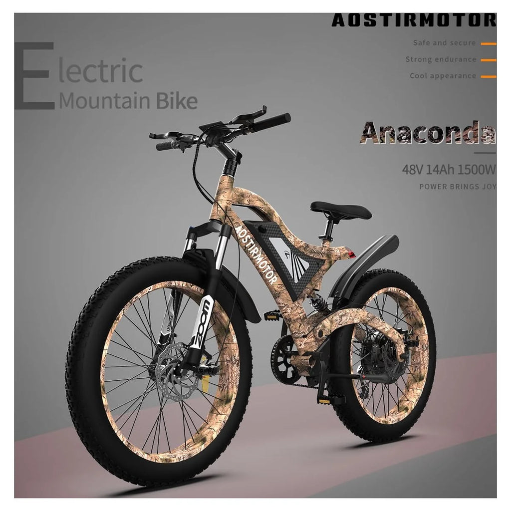 26 1500W Fat Tire Electric Bike 48V 15AH Removable Lithium Battery Full Suspension Mountain Bicycle C508381