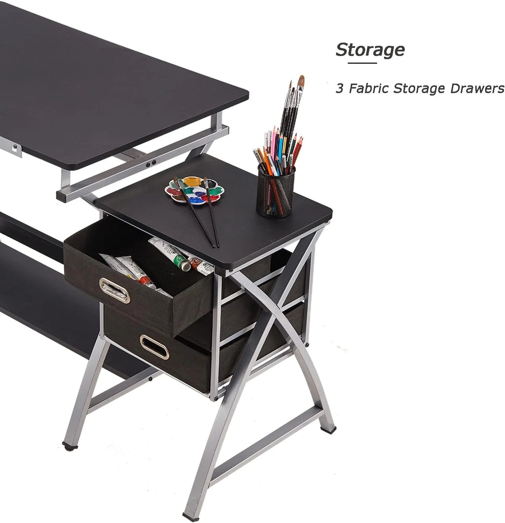 Adjustable Drafting Table with Stool and Storage Drawers, Black U1712