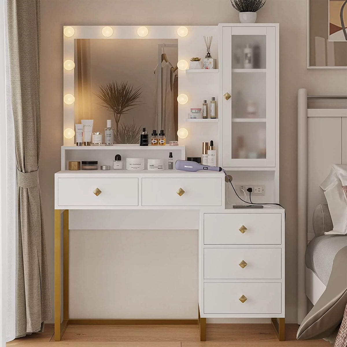 White Makeup Vanity with Lights and 5 Drawers V874