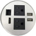 Round Top Power Grommet with 2 AC Plugs, 2 USB Ports, 1 CAT6 Port, 1 HDMI Port, Silver, Pack of 2 E223