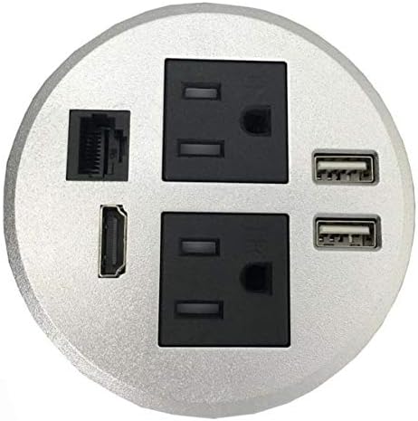 Round Top Power Grommet with 2 AC Plugs, 2 USB Ports, 1 CAT6 Port, 1 HDMI Port, Silver, Pack of 2 E223