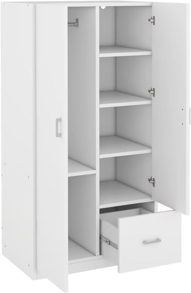 White 2 Door Wood Wardrobe with 5 Fixed Shelves and Hanging Rod N105217