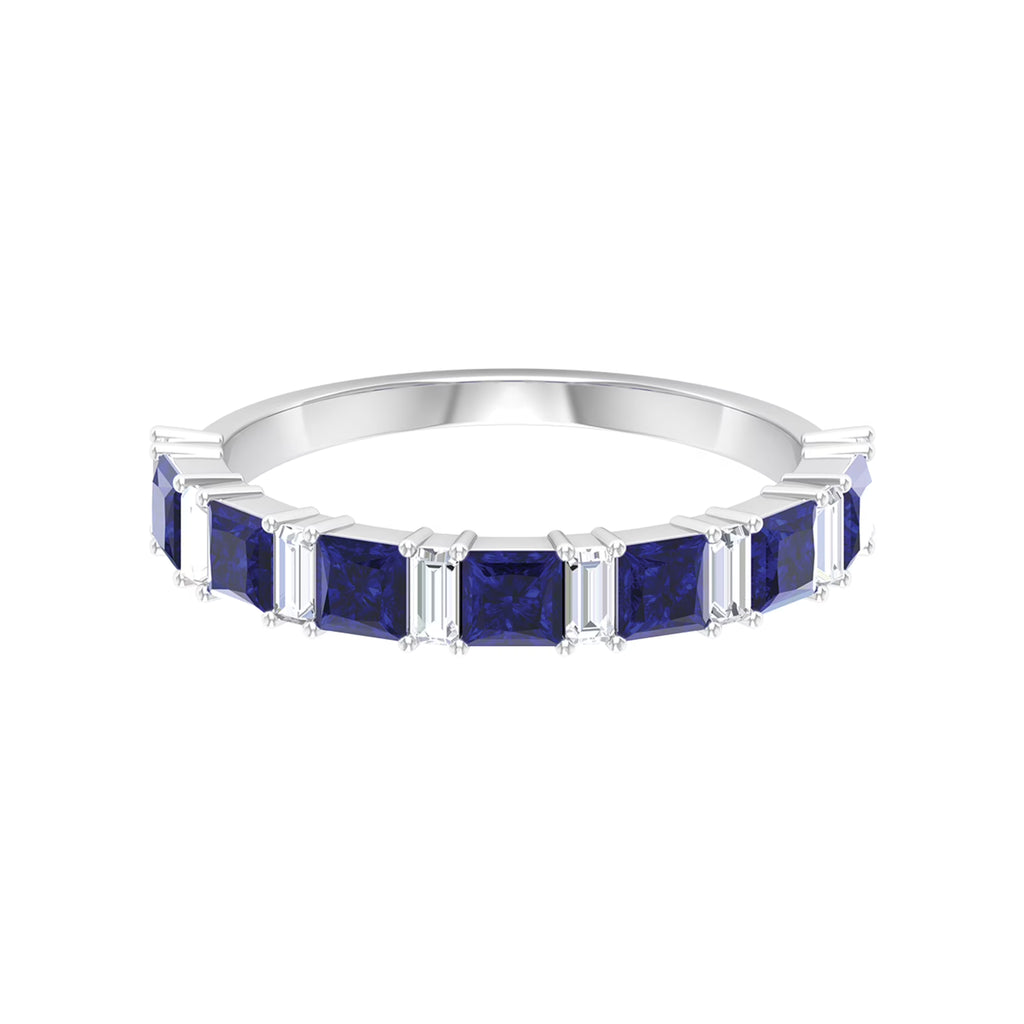 Lab Created Blue Sapphire Half Eternity Ring with Diamond - 2 CT, 14K White Gold, US 6.00 I374