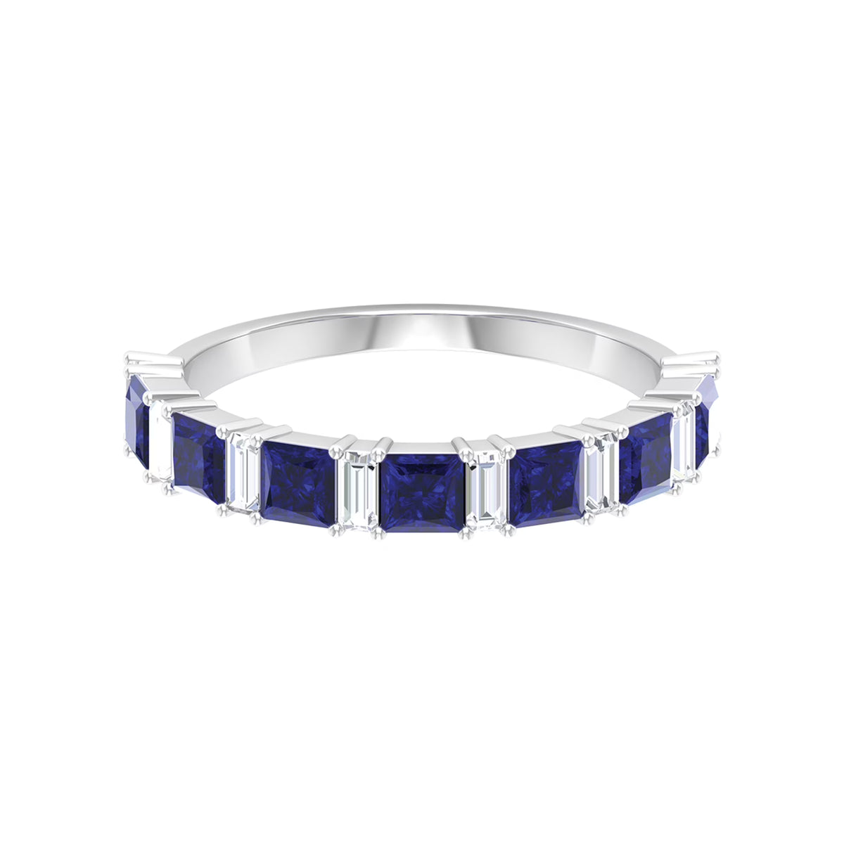Lab Created Blue Sapphire Half Eternity Ring with Diamond - 2 CT, 14K White Gold, US 6.00 I374