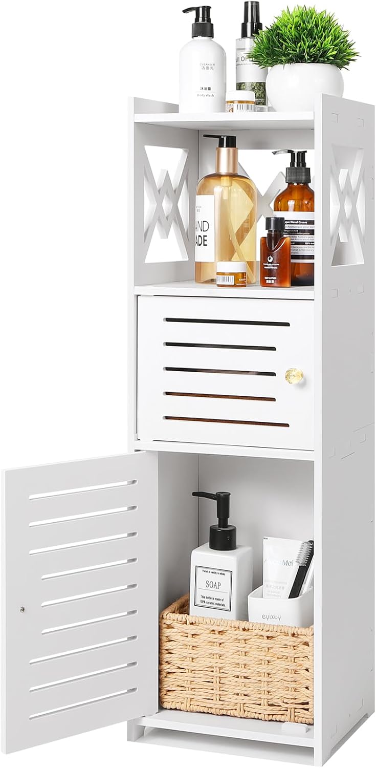 Slim Bathroom Storage Cabinet with Double Door and 3 Tier Shelf B4259