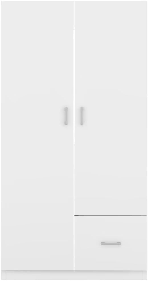 White 2 Door Wood Wardrobe with 5 Fixed Shelves and Hanging Rod N105217