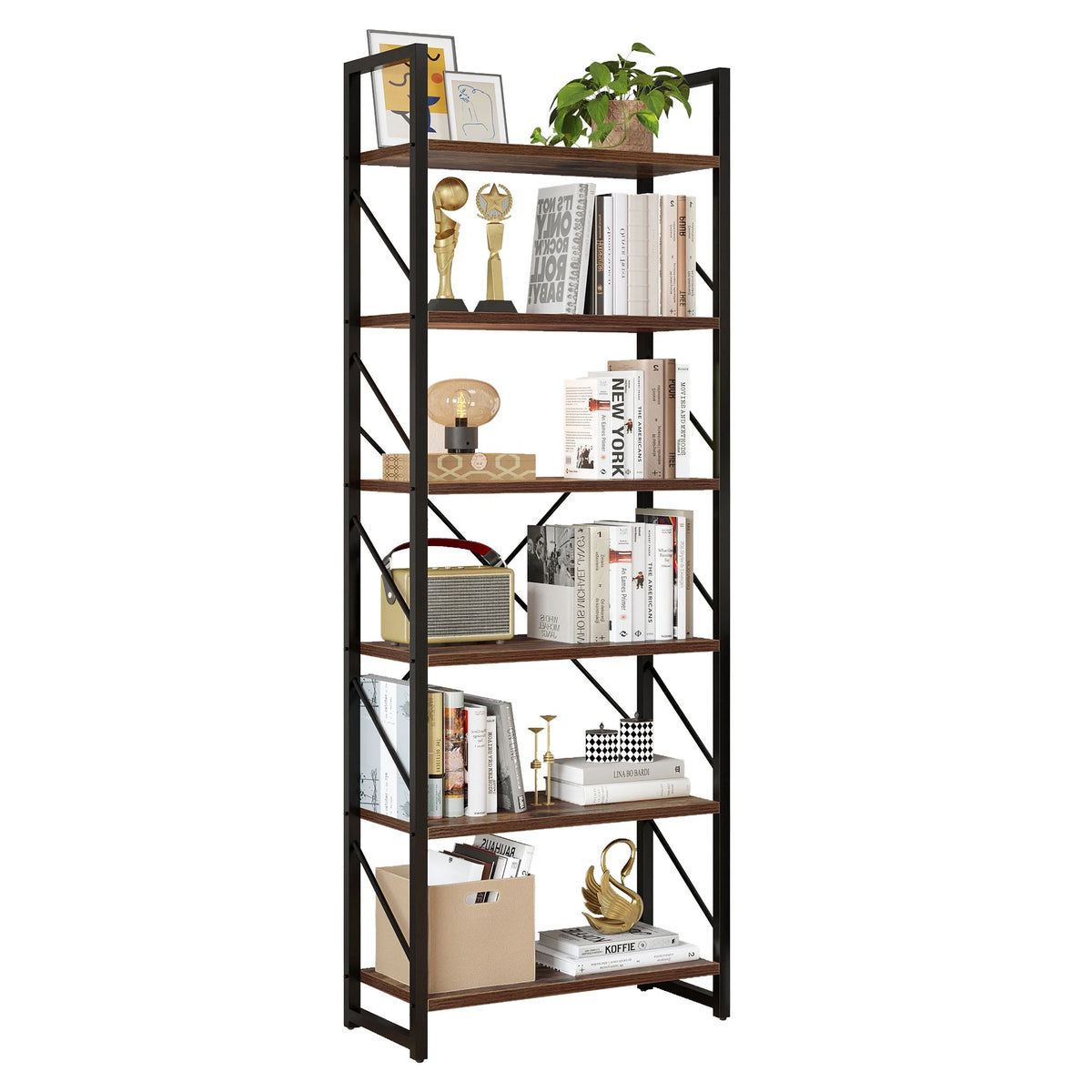 6 Tiers 69 inch Freestanding Bookshelf Black & Brown Q801862