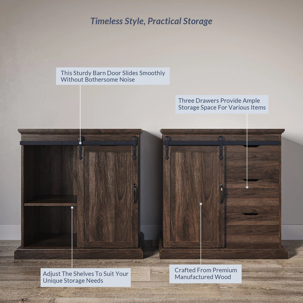 Modern Farmhouse Buffet Table with Sliding Barn Door, Three Drawers & Two Shelves G7898