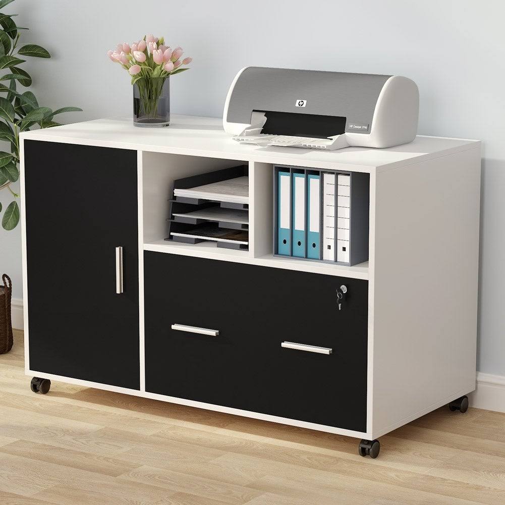 White/Black Mobile Lateral File Cabinet with Lock and Wheels D9334