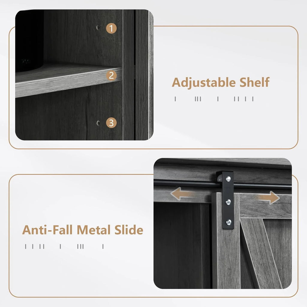 Wash Gray Coffee Bar Cabinet with Sliding Barn Doors F4304