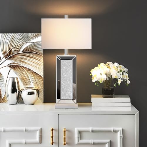 Table Lamp Set of 2 Touch Control Silver Mirror Crystal with USB C+A Ports 3-Way Dimmable White Fabric Shade T513