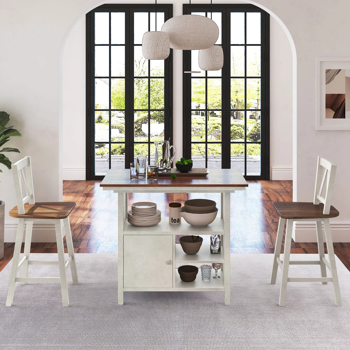 3-Piece Counter Height Wooden Dining Table Set with Storage Cabinet L5908