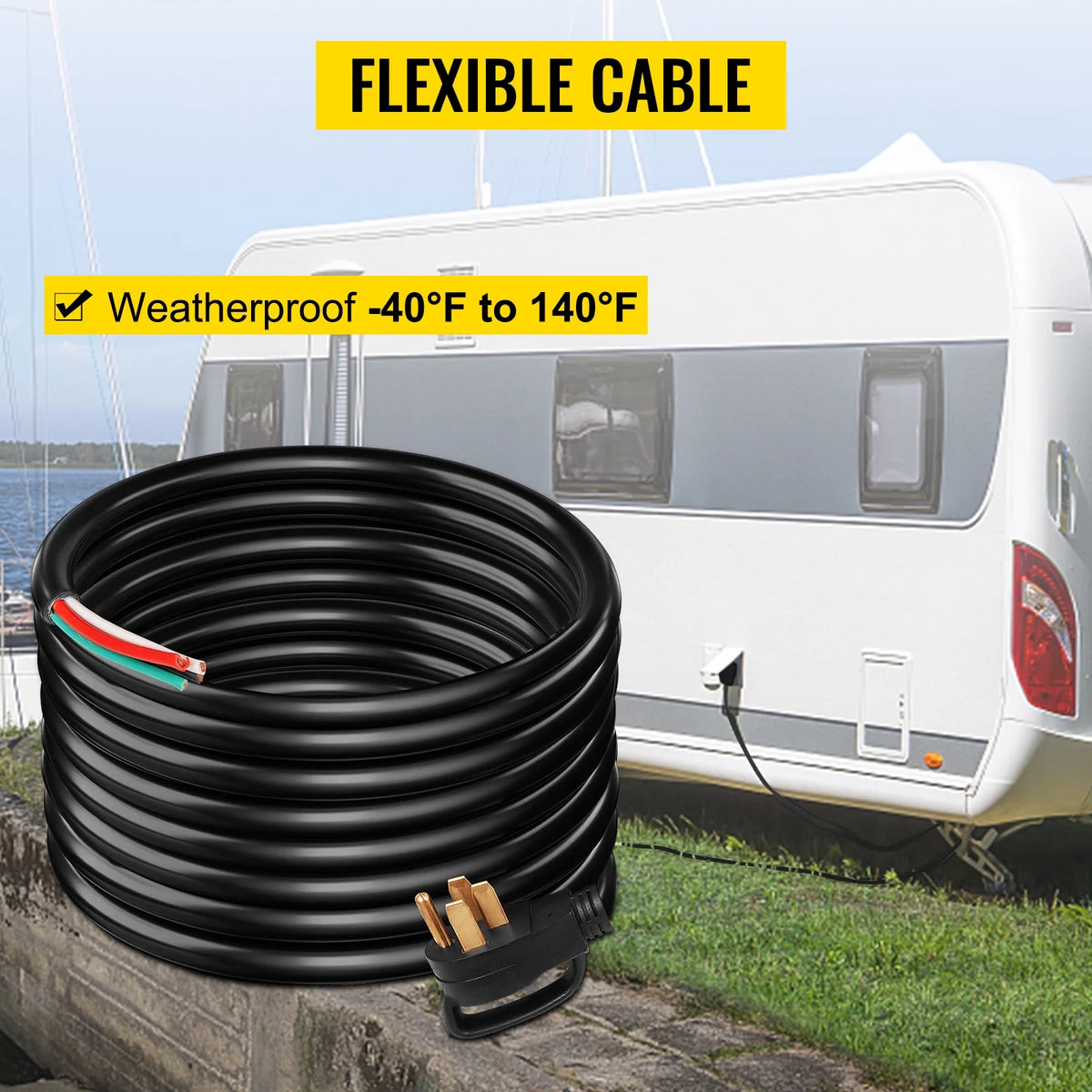 30' 50A RV Power Cord 6/3 + 8/1 AWG NEMA 14-50P to Bare Wire J54751