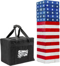 Large American Flag Tumbling Tower 54pc Wooden Toppling Blocks Stacking Yard Game with Storage Carry Bag G971