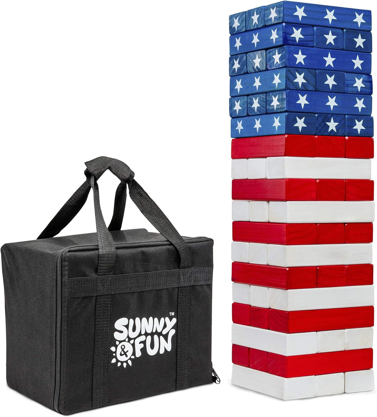 Large American Flag Tumbling Tower 54pc Wooden Toppling Blocks Stacking Yard Game with Storage Carry Bag G971