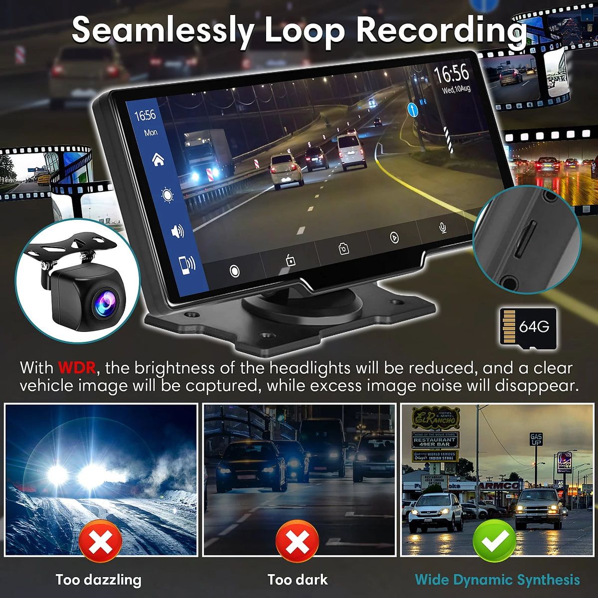 9.3 Portable Car Stereo with 2.5K Dash Cam and Backup Camera F10916