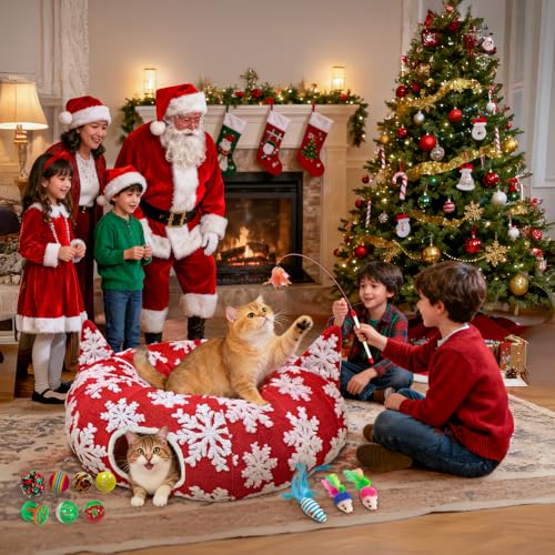 Red Snowflake Cat Tunnel with Washable Mat & 11Pcs Cat Toys H155